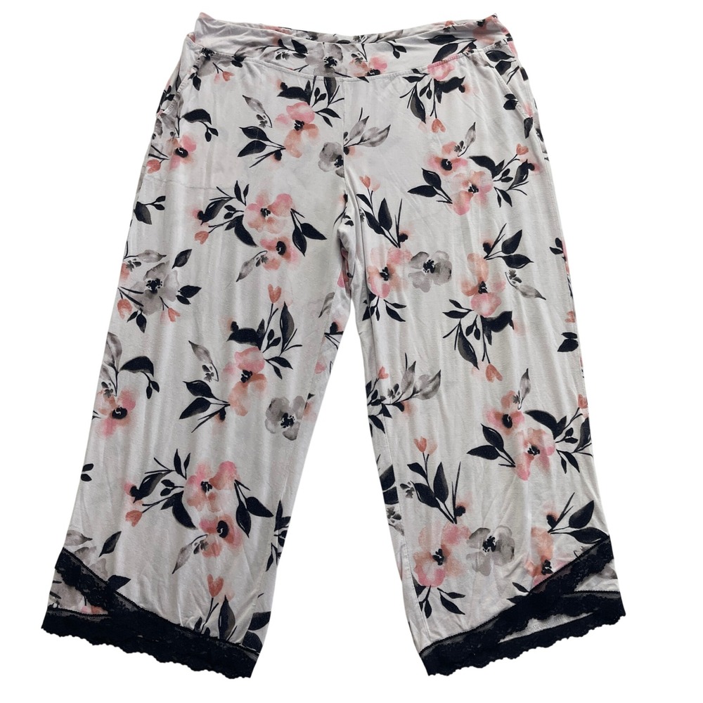Soma Cool Nights Pajama Pants XL White Floral Lace Trim Crop Lounge Sleep Pocket